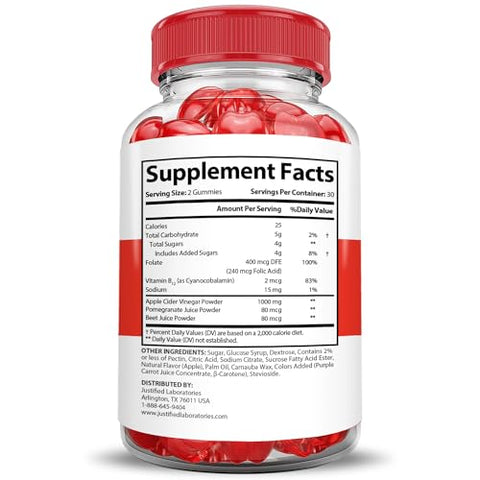Justified Laboratories - (2 Pacotes) Gomas Rapid Lean Keto ACV Fórmula Avançada 1000MG Rapid Lean Keto Gomas Vinagre de Maçã Formulado com Romã e Beterraba em Pó B12 Vegano Não GMO 120 Gomas