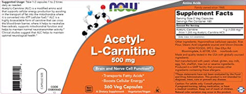 Acetyl L Carnitine 500mg – 360 Cápsulas Vegetais – Não-OGM ACL 500 mg Caps - NOW Foods