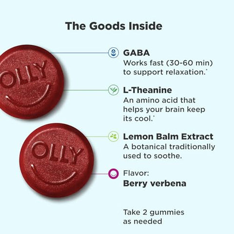 Goodbye Stress Gummy – Suplemento Relaxante com GABA, L-Theanine e Melissa, Sabor Berry – 42 Unidades - OLLY