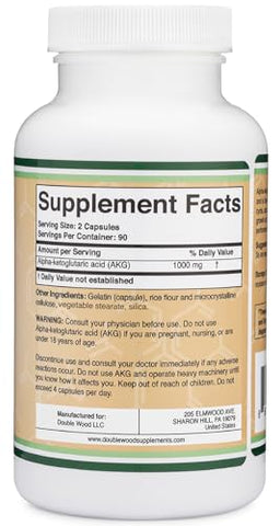 Double Wood Supplements - AKG Supplement 1,000mg por Porção (180 Cápsulas) – Mais Eficaz que AAKG (Estudo Recente para Propriedades de Envelhecimento Saudável) – Sem Glúten