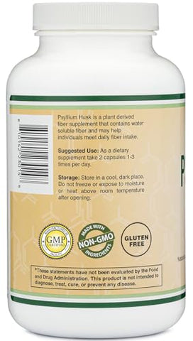 Cápsulas de Psyllium Husk – Suplemento de Fibra (240 Unidades, 1.500mg por Porção) Fibra Solúvel para Manter a Regularidade (Não-OGM) - Double Wood Supplements