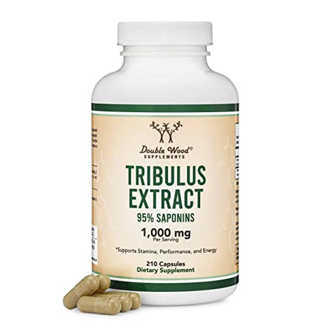 Double Wood Supplements - Tribulus Terrestris para Homens (Conteúdo de Saponina Pura de 95%%) 210 Cápsulas, 1.000mg de Extrato Concentrado de Frutas (Testado por Terceiros, Seguro para Veganos, Não-OGM) para Resistência e Energia