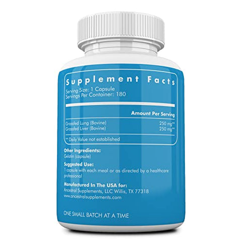 Suplemento de Pulmão e Fígado de Gado Alimentado com Capim, 500mg, Suporte para Saúde Pulmonar, Respiratória, Vascular e Circulatória, Não-OGM, 180 cápsulas - Ancestral Supplements