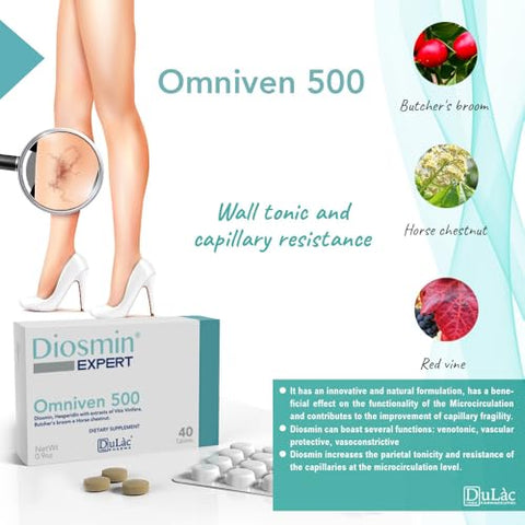 DULÀC FARMACEUTICI 1982 - Dulàc – Suplemento Omniven 500-40 Tablets para Hemorroidas e Veias Varicosas com Diosmina, Extrato de Castanha da Índia, Ruscus Aculeatus e Hesperidina