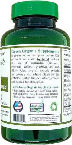 Green Organic Supplements - Cápsulas de Espinheiro Branco, Folha, Flor, Suplemento de Espinheiro Branco Contém 90 Cápsulas, Ervas Naturais de Espinheiro Branco para Saúde Cardiovascular