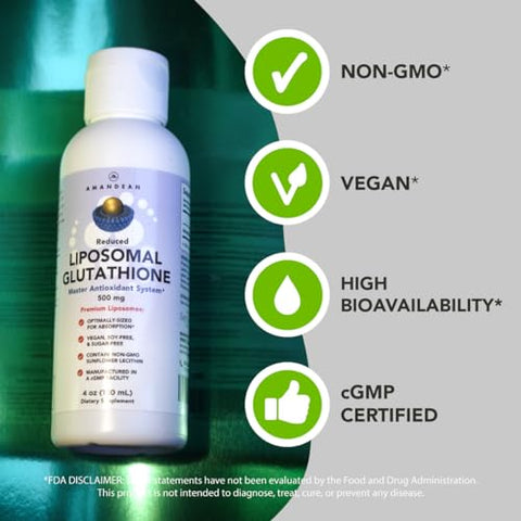 Liposomal Glutationa Líquida 500mg. Suporte Imunológico, Saúde Cerebral, Desintoxicação Hepática, Saúde da Pele. Fosfatidilcolina de Girassol Não-OGM - AMANDEAN
