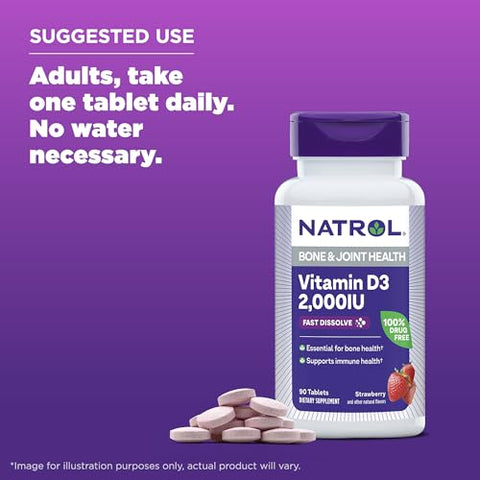 Suplemento de Vitamina D3 2.000 UI de Dissolução Rápida para Saúde Óssea e Articular – Suporte Ósseo – 90 Comprimidos – Fornecimento de 90 Dias - Natrol