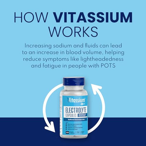 Capsulas de Eletrólitos, Gerenciamento Dietético dos Sintomas da Síndrome de POTS (500mg Sódio – 100mg Potássio), Sem Sabor, 100 Comprimidos de Sal Tamponado - Vitassium