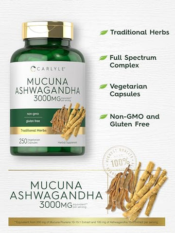Mucuna com Ashwagandha | 3000mg | 250 Cápsulas | Suplemento de Mucuna Pruriens | Vegetariano, Não-OGM, Sem Glúten - Carlyle