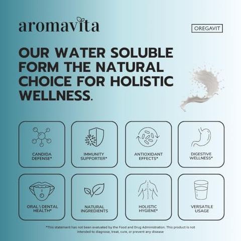 AROMAVITA - Óleo de Orégano Selvagem Solúvel em Água Oregavit – Digestivo, Suporte Imunológico, Saúde Respiratória, Suplemento Dietético Vegano Natural – Enxaguante Bucal, para Gengivas Saudáveis – Alivia Dores de Garganta e Potencializa