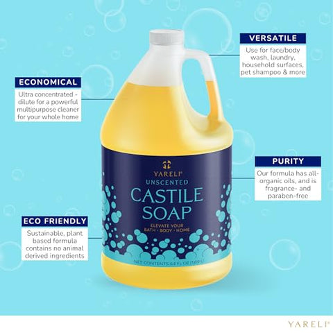 Yareli - YARELI Sabonete Líquido Puro de Castela, Sem Perfume, com Óleos Orgânicos, 64oz (1892ml), para Adultos, Crianças e Bebês para Banho, Corpo e Casa