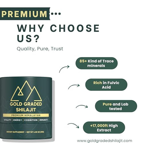 Gold Graded Shilajit - Shilajit Resina com Ácido Fúlvico | 500mg Alta Potência de Shilajit Puro do Himalaia Orgânico com 85 Minerais Traços para Energia