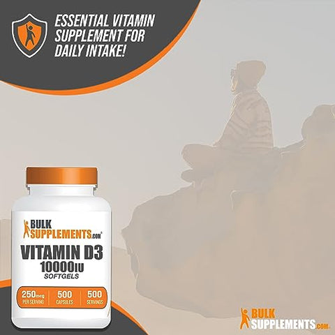 BulkSupplements - Vitamina D3 10000UI Softgels – Cholecalciferol, Suplemento de Vitamina D, 10000 UI de Vitamina D – 1 Softgel de Vitamina D3 (250mcg de Vitamina D) por Porção – Suprimento de 500 Dias