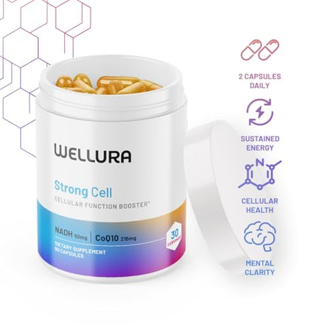 Wellura - Strong Cell | Cápsula Potencializadora da Função Celular | NADH, CoQ10. Taxa de Absorção de 90%. Vitaminas B1, B2, B3, B6, B7 e B12. Vitamina K2