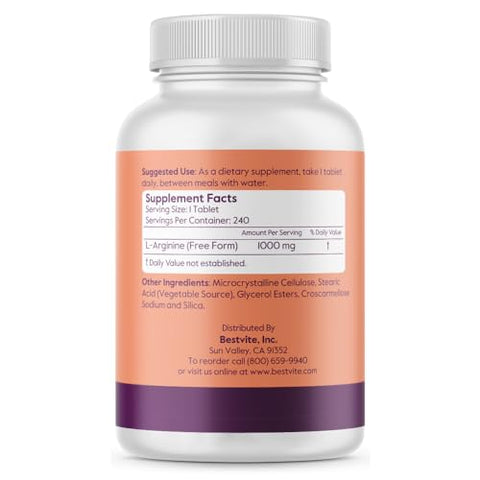 L-Arginine 1000mg por Comprimido (240 Comprimidos) com 20%% Mais L-Arginina Pura em Comparação aos Produtos de L-Arginina HCL - BESTVITE