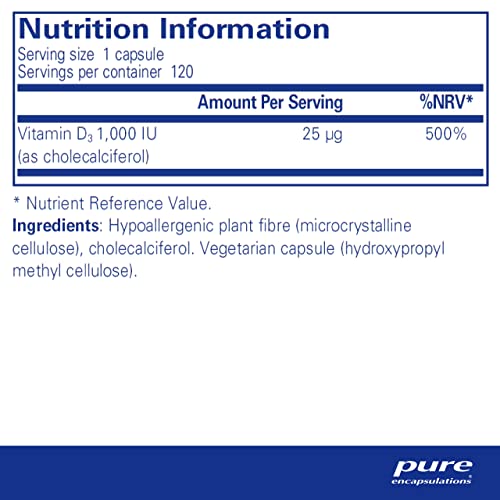 Vitamina D3 25 mcg (1.000 UI) Pure Encapsulations – Suplemento para Suporte Ósseo, Articular, Mamário, Cardíaco, Intestinal