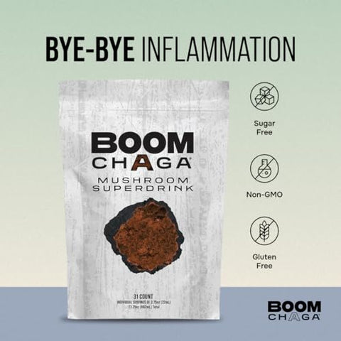 BOOM Chaga - Mushroom Superdrink: Concentrado Líquido com Antioxidantes para Anti-Inflamação e Reforço da Imunidade, Beta-Glucanos para Saúde Cardíaca, Livre de Oxalato, 31 Pacotes Individuais
