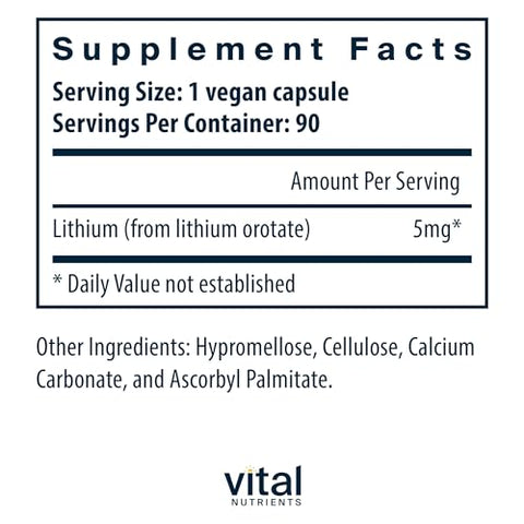 Lithium Orotate | Suplementos Veganos de Lítio para Memória, Estado Mental e Saúde Comportamental* | 5mg | Livre de Glúten, Laticínios e Soja | 90 Cápsulas - Vital Nutrients