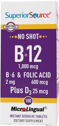 Vitamina B12 Cyanocobalamin 1000 mcg, B6, Ácido Fólico, Vitamina D 1000 UI, Comprimidos MicroLingual de Dissolução Rápida, 100 Unidades, Saúde Óssea, Metabolismo Energético - Superior Source