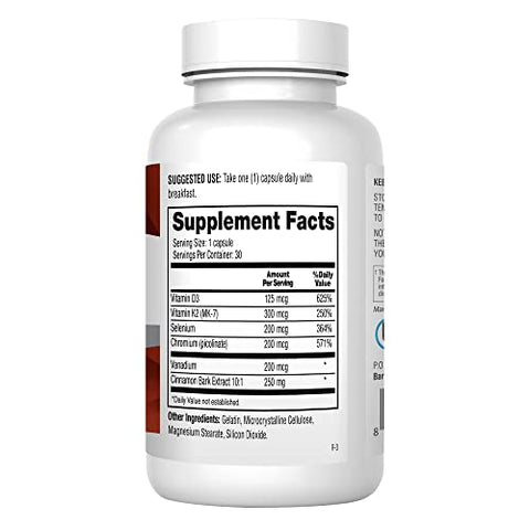 Barton Nutrition - CinnaChroma Cápsulas de Canela – Suplemento com Extrato, Picolinato de Cromo e Vanádio 30 VIT D3 K2 para Apoiar o Metabolismo e a Saúde Cardiovascular