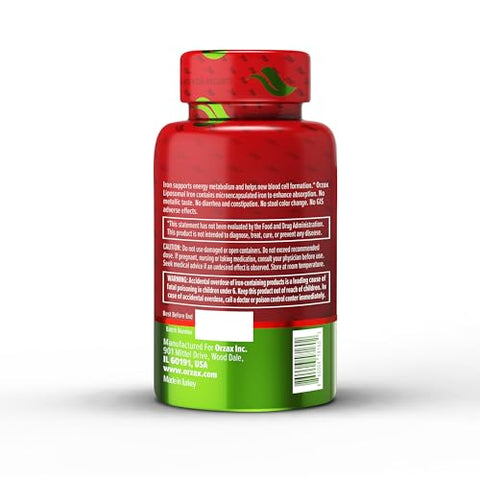 Suplemento de Ferro 25 mg – Tecnologia Lipossomal – Alta Bioacessibilidade 90 Cápsulas Vegetais, Auxilia na Produção de Novas Células Sanguíneas, Não Causa Constipação, Não-OGM - ORZAX