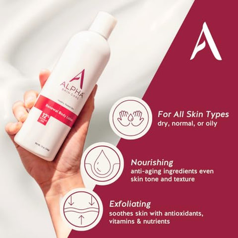 Skin Care Loção Revitalizante para o Corpo com 12% de AHA Glicólico, Hidratante Diário Multiuso Simples e Eficaz, Hidrata e Esfolia com Anti-Envelhecimento, 12 Oz (355 ml) - Alpha