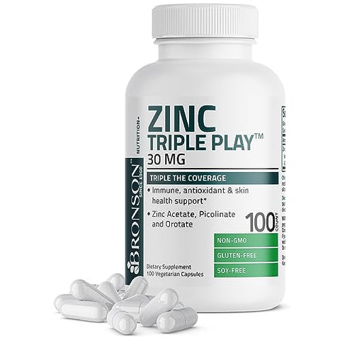 Zinc Triple Play 30 mg – Suporte Imunológico Triplo com Acetato e Picolinato de Zinco – 60 cápsulas - Bronson