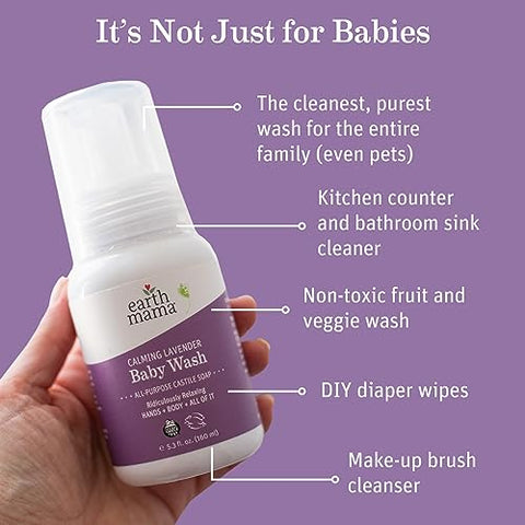 Lavanda Calmante Sabonete Líquido para Bebês, Sabonete Líquido Espumante Orgânico de Lavanda para o Corpo, Sabonete de Castela com Óleo de Coco, Manteiga de Karité, Calêndula, 200ml - Earth Mama