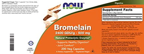 NOW Foods - Now Bromelain 500 mg – 200 Cápsulas Vegetais – Abacaxi Natural, Enzima Proteolítica – 2400 GDU