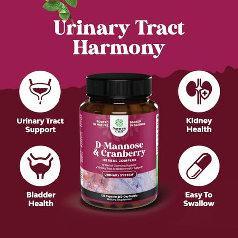 Natures Craft - D-Mannose com Extrato de Cranberry – Cápsulas Potentes para Limpeza Renal e Saúde do Trato Urinário Feminino – Cápsulas de D-Mannose 1000mg com 1000mg por Porção