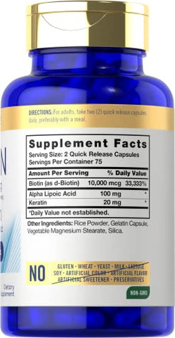 Biotina 10000mcg | 150 Cápsulas | Fórmula de Beleza com Queratina | Suplemento Sem Glúten, Não-OGM - Carlyle