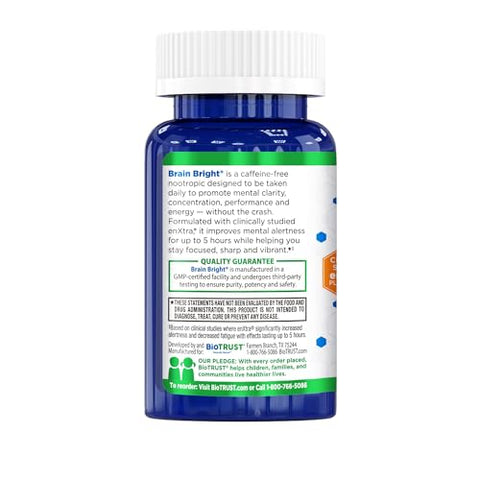 Brain Bright – Impulsionador Diário de Nootrópicos para Foco, Concentração, Clareza Mental – Suplemento de Suporte Cerebral Livre de Cafeína – Gengibre Tailandês, Ginkgo, Folate, 60 cápsulas de 500mg - BioTrust