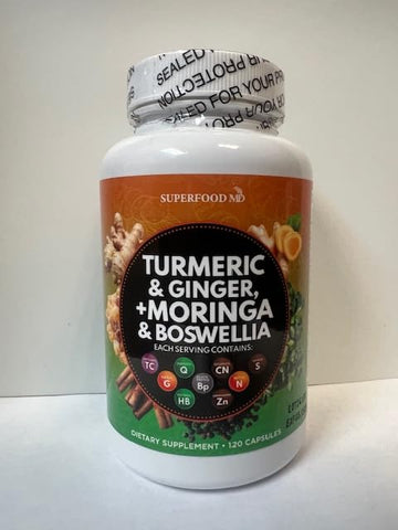 Superfood MD - Turmeric Curcumin 30000mg Ginger 3000mg Moringa 50000mg Boswellia 3000mg Saffron 2000mg Holy Basil – Suporte Articular para Mulheres e Homens com Canela do Ceilão, Quercetina, 100% Natural