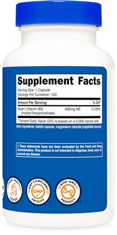Niacin (Flush-Free) Inositol Hexanicotinate 500mg – 120 Cápsulas – Vitamina B3 – Comprar Online - Nutricost