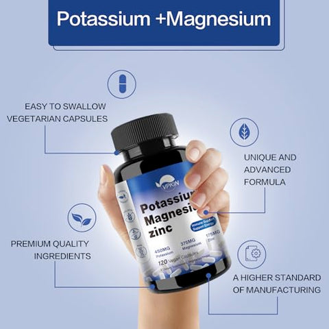 VPKIN - Suplemento de Potássio Magnésio 1000mg, Suporte Vascular, Ósseo, Cardíaco e Muscular com Aspartato de Magnésio, Potássio e Zinco