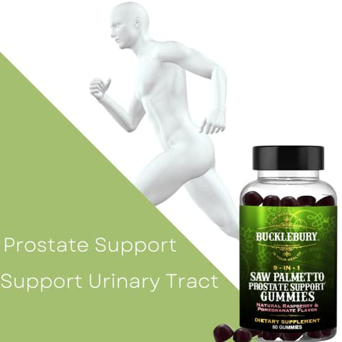 BUCKLEBURY - Gomas de Saw Palmetto 9 em 1 para Suporte à Próstata e ao Sistema Urinário – Sabor Natural de Framboesa e Romã – Suplemento Alimentar à Base de Plantas para Esvaziamento da Bexiga e Queda de Cabelo – 60 g