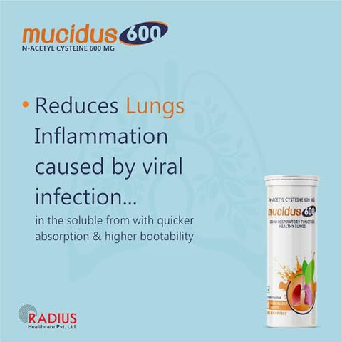 Radiplex - Mucidus – Comprimidos Efervescentes de N-Acetilcisteína 600 mg – Antioxidante para Saúde Pulmonar, Desintoxicação do Fígado, Cuidados com a Pele | Sem Açúcar | para Homens
