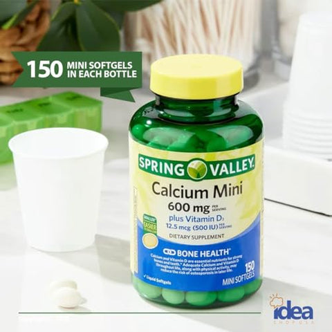 Idea Shop USA - Spring Valley Cálcio 600mg + Vitamina D3, 150 Mini Softgels (1 Pacote) Cápsulas de Carbonato de Cálcio Pequenas com Vitaminas Exclusivas