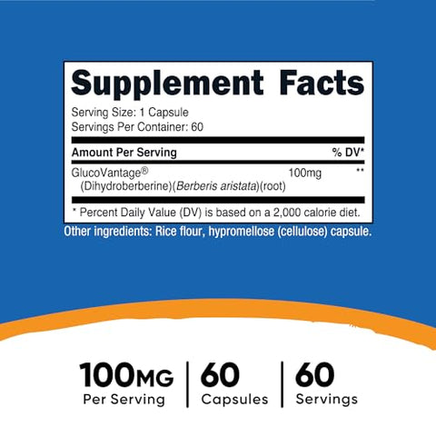 Cápsulas de Dihidroberberina (100mg, 60 cápsulas) – Metabolito de Berberina Mais Bioacessível - Nutricost