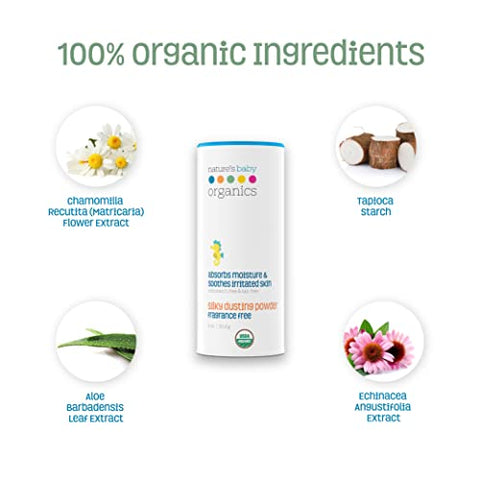 Nature's Baby Organics - Nature’s Baby Organics Pó de Bebê Orgânico Sem Milho/Talco, com Aloe Vera, Suave e Gentil, 100% Orgânico, Hipoalergênico, Sem Fragrância, 4g Cada, 2 Pacotes
