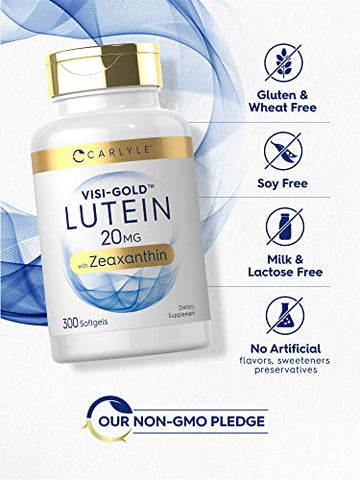 Luteína e Zeaxantina 20mg | 300 Softgels | Vitaminas para a Saúde dos Olhos | Não-OGM - Carlyle