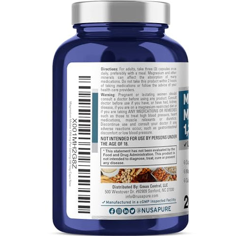Magnesium Malate 1350mg – 200 Cápsulas Vegetais (Vegano, Não-OGM, Sem Glúten) - NusaPure