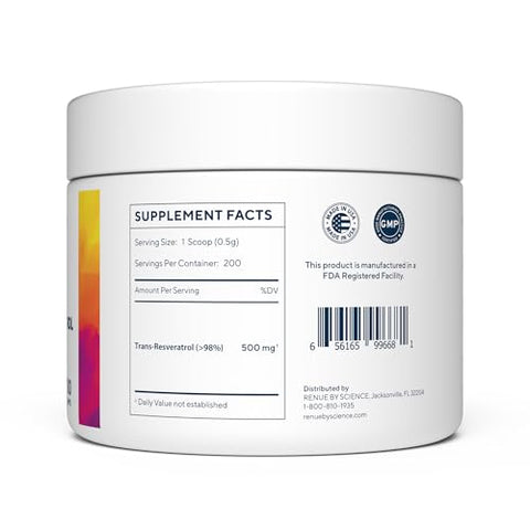 Resveratrol | Suplemento de Resveratrol de Alta Potência | 100g de Pó de Trans Resveratrol | Fornecimento de 200 Dias de Reservatrol | Não-OGM - Renue By Science