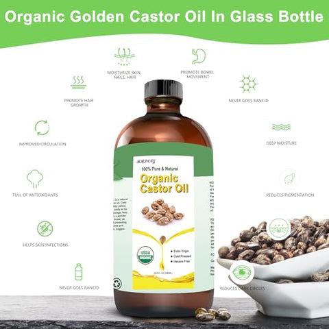 MMPANG - Óleo de Rícino Orgânico Certificado pelo USDA 500 ML Frasco de Vidro 100% Puro Extraído a Frio Livre de Hexano para Hidratar Pele, Cabelo e Estimular o Crescimento de Sobrancelhas