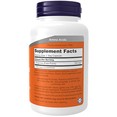 Suplementos, L-Arginina 700 mg, Precursor de Óxido Nítrico, Aminoácido, 180 Cápsulas Vegetais - NOW Foods