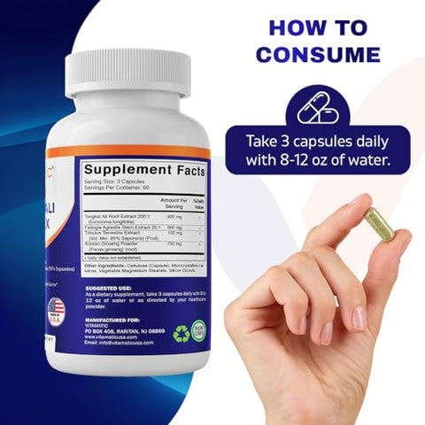 Extrato de Tongkat Ali 200:1 para Homens (Longjack) Eurycoma Longifolia – 1800 mg Por Porção – Feito com Extrato de Fadogia Agrestis 20:1, Tribulus 95% - Vitamatic