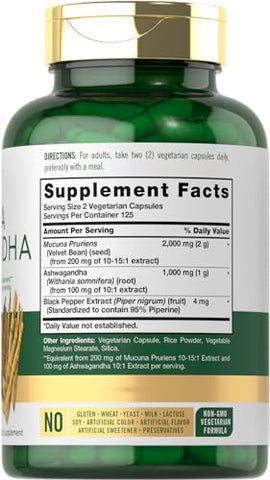 Mucuna com Ashwagandha | 3000mg | 250 Cápsulas | Suplemento de Mucuna Pruriens | Vegetariano, Não-OGM, Sem Glúten - Carlyle