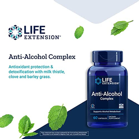 Anti-Alcohol Complex – Suplemento para Apoio à Saúde do Fígado e Melhores Manhãs Pós-Bebida – Livre de Glúten, Não-OGM, Vegetariano - Life Extension