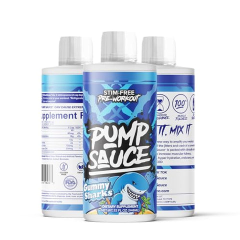 Pump Sauce - Pré-Treino – 946 ml, Tubarões de Goma, Sem Cafeína, Líquido de Espectro Completo, Sem Glúten, Vegano, Zero Açúcar