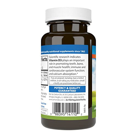 Vitamina D3 5000 UI (125 mcg), Saúde Óssea, Saúde Muscular, Colecalciferol, Suplementos de Vitamina D, Cápsulas Softgel de Vitamina D3, 120 Softgels - Carlson